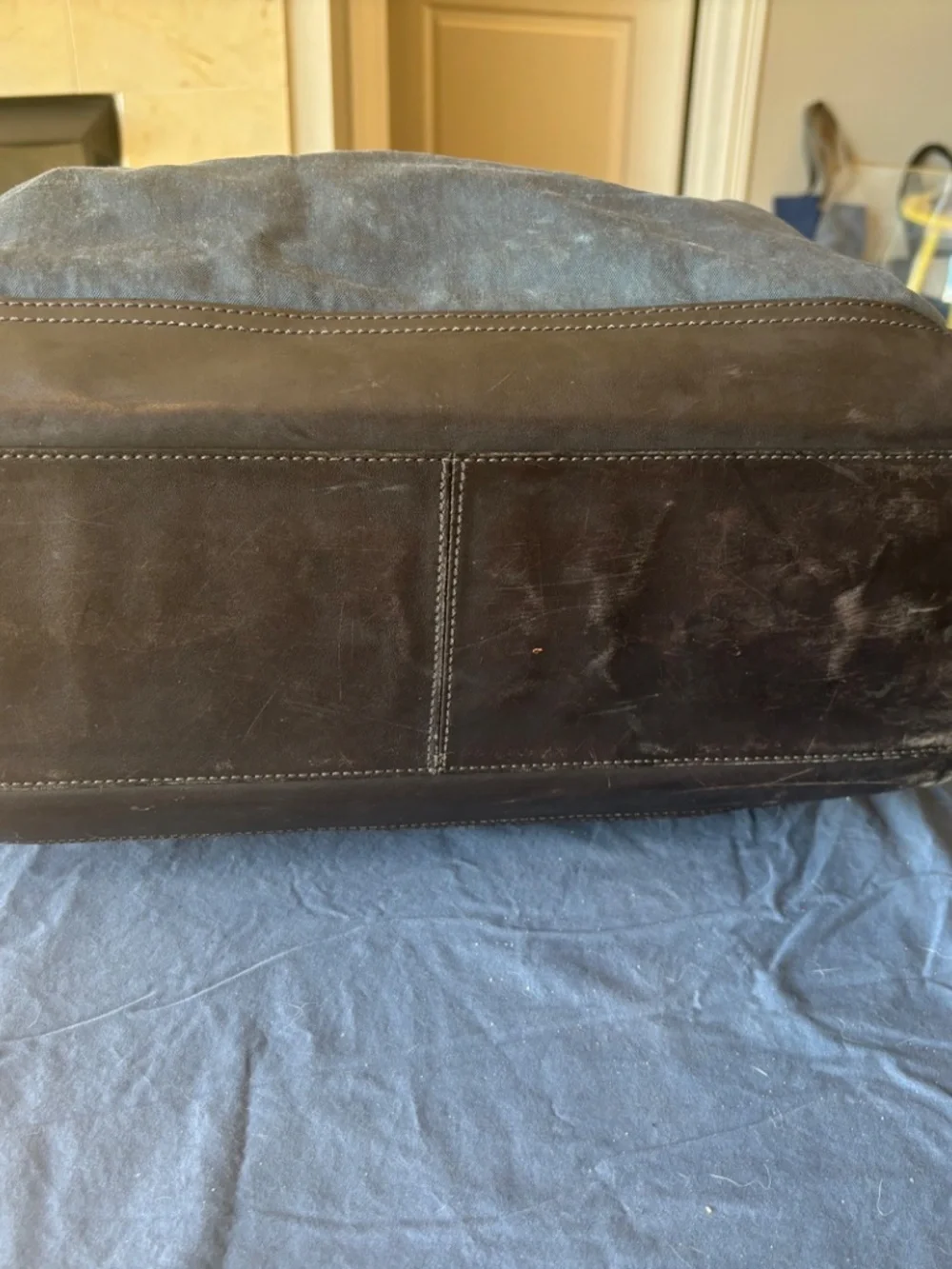 Jack Spade Warren Street Large Messenger Bag.  Light Navy, brown leather trim